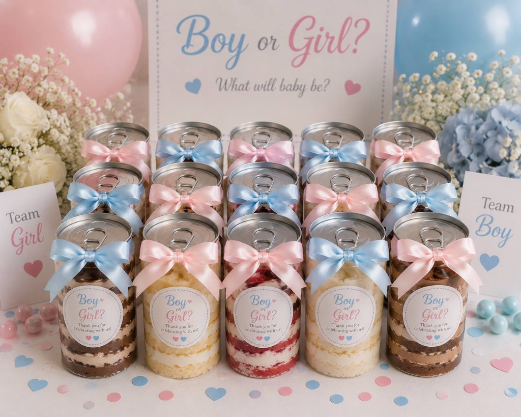Close-up of gender reveal cans with custom labels